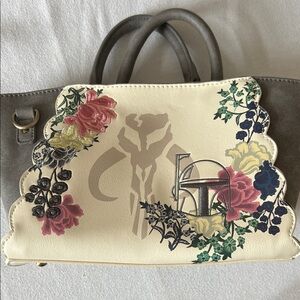 Loungefly Cream and Gray Crossbody Bag with Floral Design, Star Wars Mandalorian
